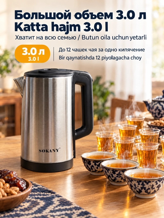 SOKANY SK-SH-1060 elektr choynagi, 3 litr, 1500 Vt, zanglamaydigan po‘latdan yasalgan, 360°° taglik
