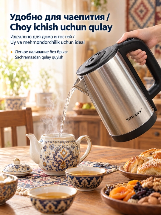SOKANY SK-SH-1060 elektr choynagi, 3 litr, 1500 Vt, zanglamaydigan po‘latdan yasalgan, 360°° taglik