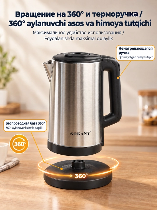 SOKANY SK-SH-1060 elektr choynagi, 3 litr, 1500 Vt, zanglamaydigan po‘latdan yasalgan, 360°° taglik