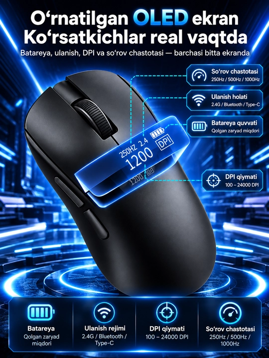 Игровая мышь AJAZZ NJ08 V2, 24000 DPI, 2.4G, Bluetooth, USB, RGB, 300 мАч