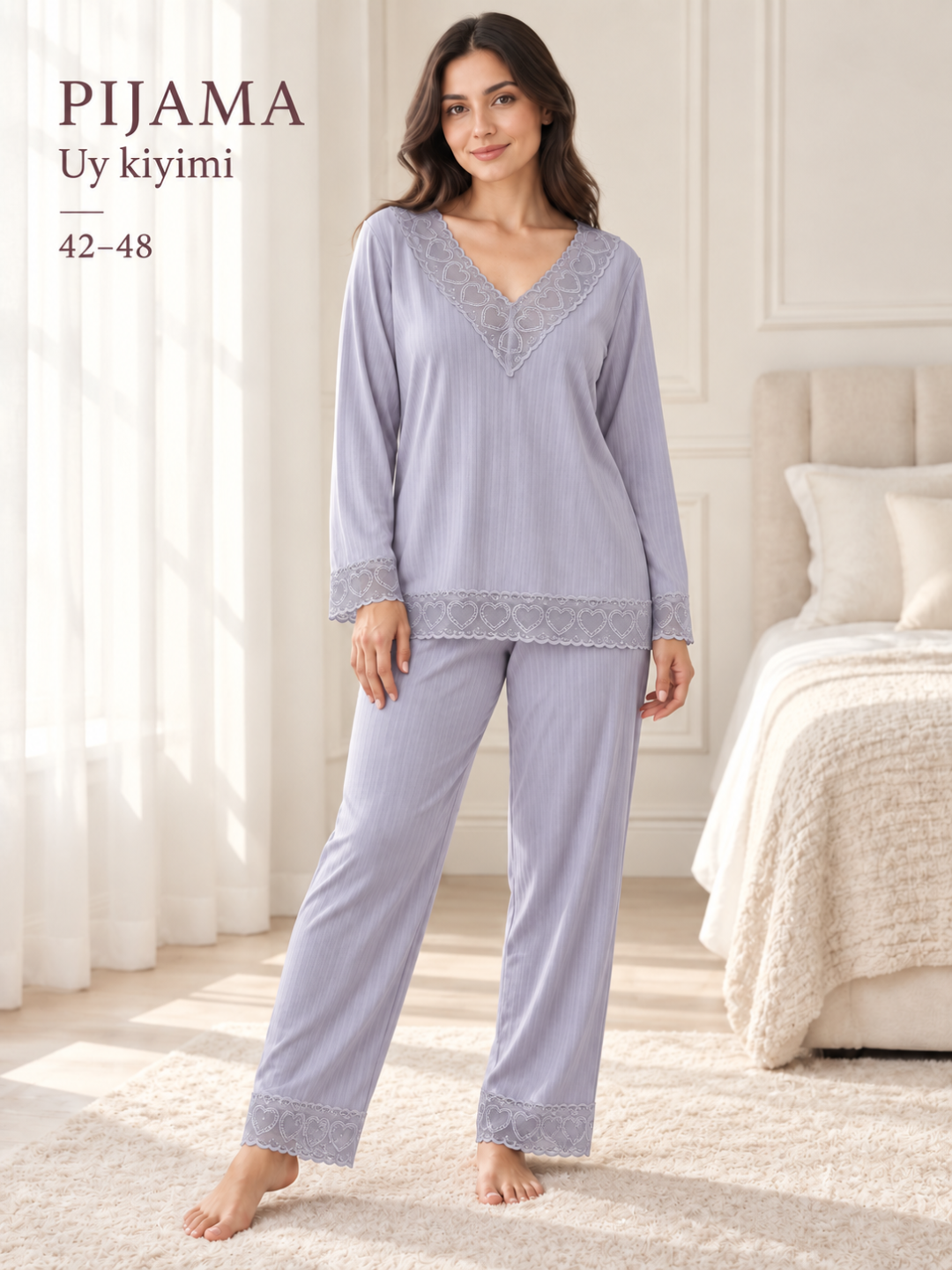 Pijama ayollar uchun to‘r bezakli, uzun yengli kofta va shimli uy kiyimi, 42–48 o‘lcham - 