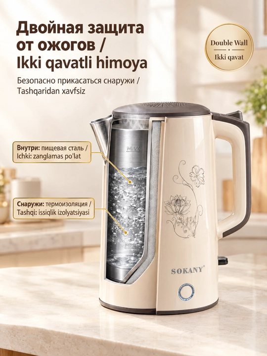 SOKANY SK-09108 elektr choynak 1,7 l 1500W ikki qavatli issiqlikdan himoyalangan korpus