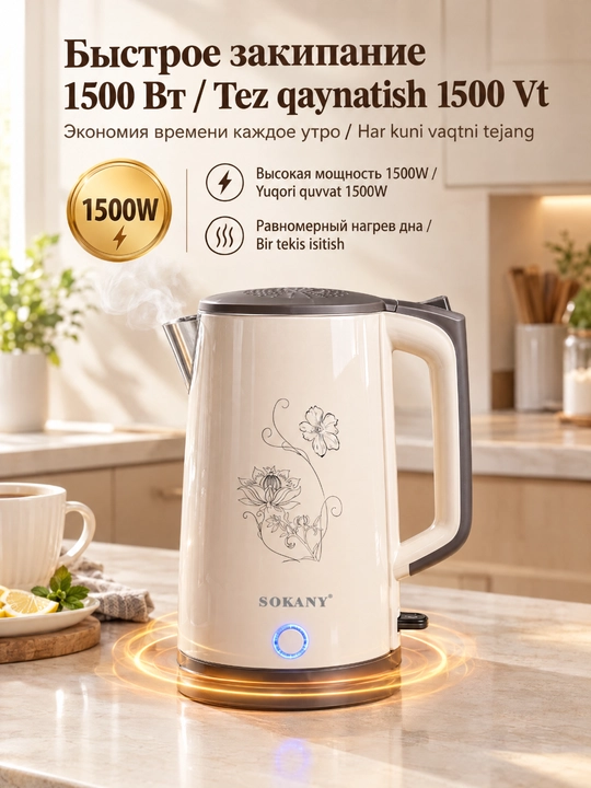 SOKANY SK-09108 elektr choynak 1,7 l 1500W ikki qavatli issiqlikdan himoyalangan korpus