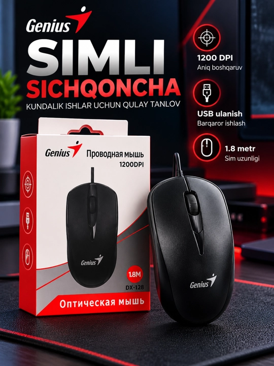 Genius DX-128 проводная мышь, 1200 DPI, USB, кабель 1,8 м - 