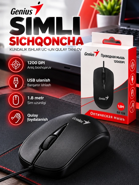 Genius DX-128 simli sichqoncha, 1200 DPI, USB, 1.8 m kabel
