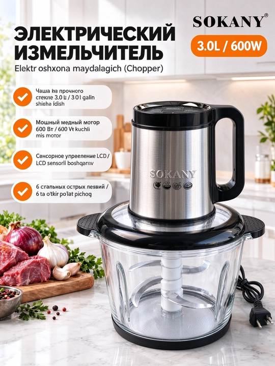 Измельчитель SOKANY SK-06027, 600 Вт, стеклянная чаша 3 л, сенсор LCD - 