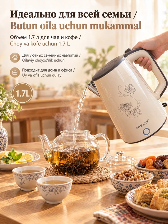 SOKANY SK-09108 elektr choynak 1,7 l 1500W ikki qavatli issiqlikdan himoyalangan korpus