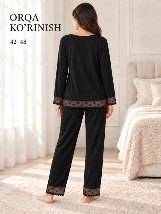 Pijama ayollar uchun to‘r bezakli, uzun yengli kofta va shimli uy kiyimi, 42–48 o‘lcham