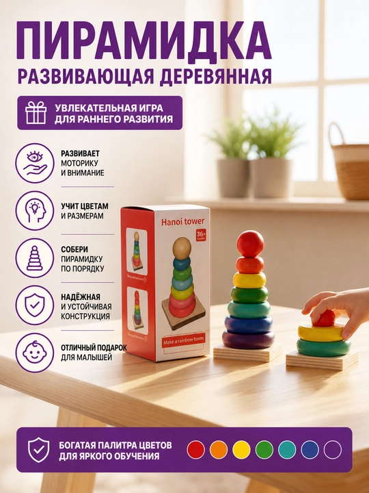 Детская развивающая деревянная пирамидка - 