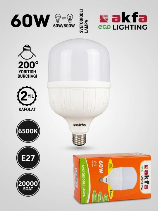 Svetodiodli LED lampochka AKFA ECO LIGHTING 45 - 60 W E27, 6500K, 2 yil kafolat