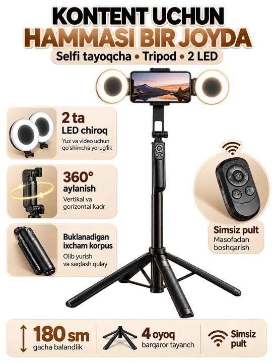 TT18 Bluetooth pultli Selfie Stick Tripod 4 oyoqli shtativ - 