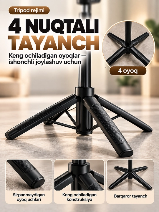 TT18 Bluetooth pultli Selfie Stick Tripod 4 oyoqli shtativ