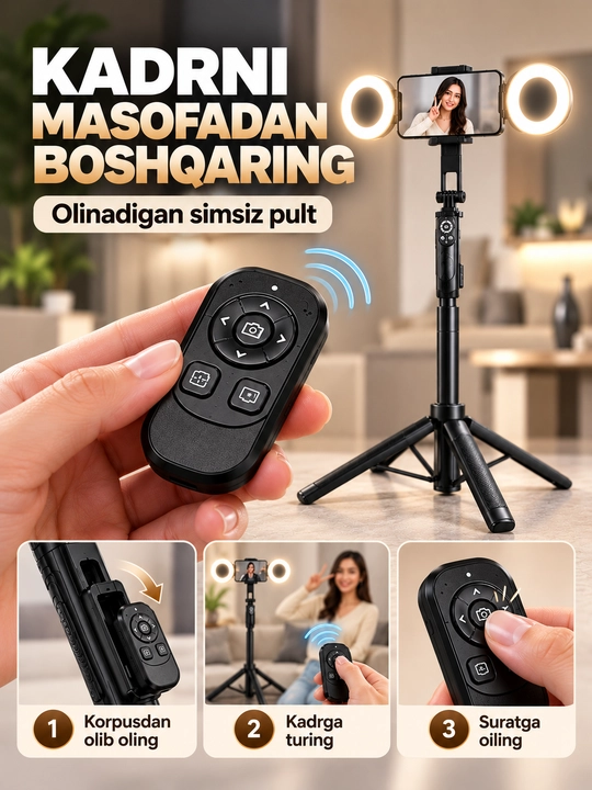 TT18 Bluetooth pultli Selfie Stick Tripod 4 oyoqli shtativ