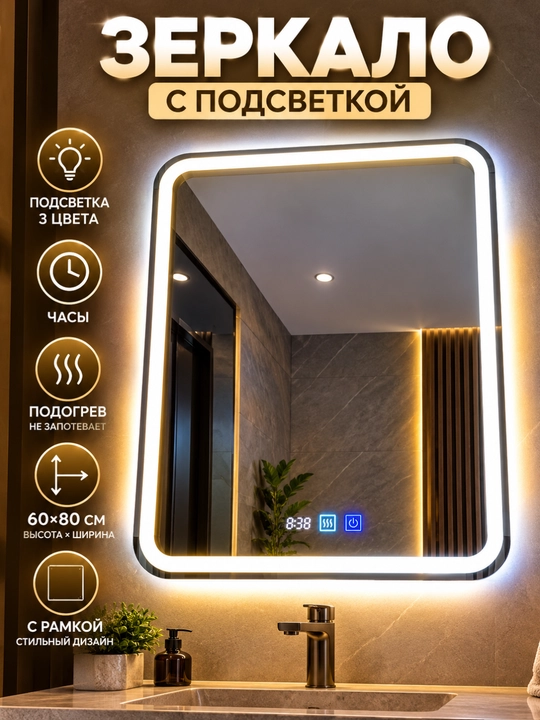 Зеркало для ванной с LED-подсветкой 60×80 см, с рамкой, 3 режима света, подогрев и часы - 