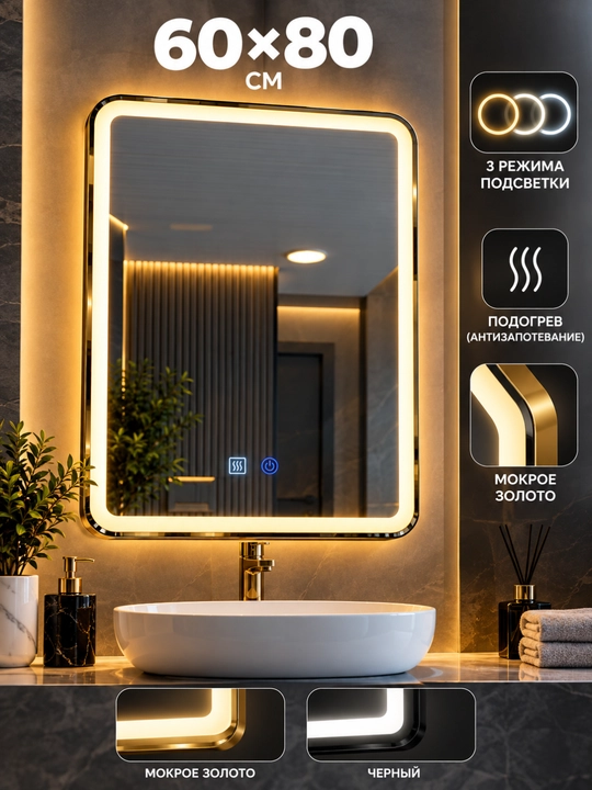 Зеркало для ванной с LED-подсветкой 60×80 см, с рамкой, 3 режима света, подогрев и часы - 