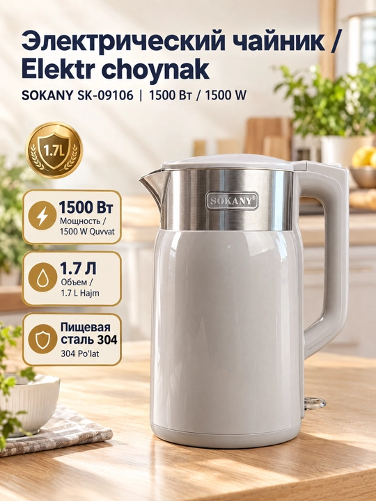Электрический чайник SOKANY SK-09106, 1,7 л, 1500 Вт, нержавеющая сталь 304 - 