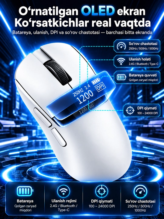 O‘yin Sichqonchasi AJAZZ NJ08 V2, Simsiz 2.4G, Bluetooth va Simli, 24000 DPI, RGB, 300mAh - 