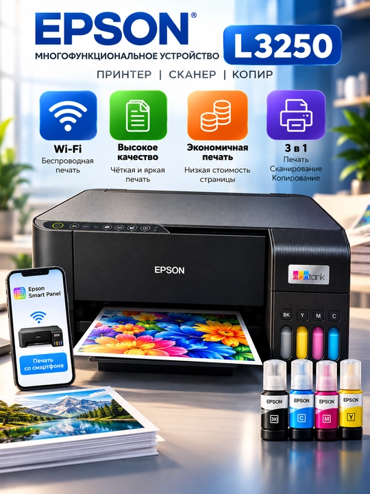 Цветной принтер для офиса Epson L3250 A4, струйное МФУ, 30 стр/мин, 4 краски, WiFi - 