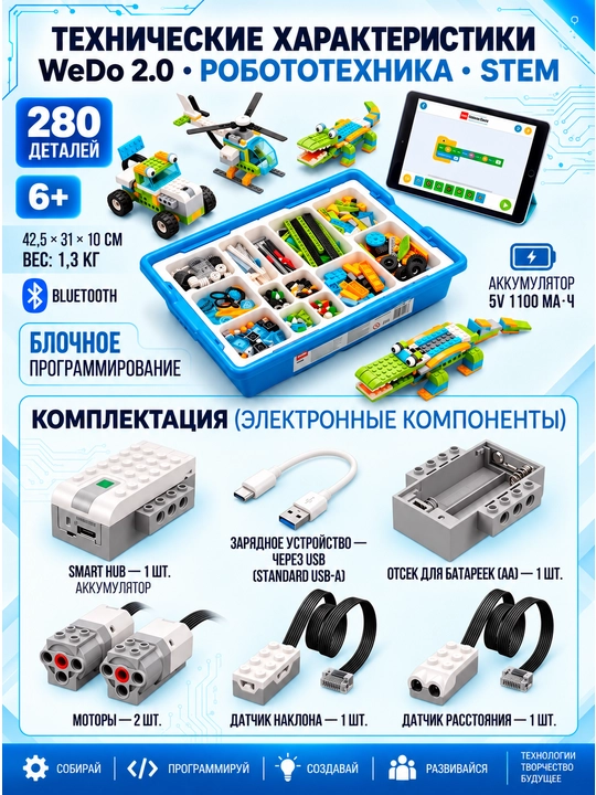 LEGO WeDo 2.0 robototexnika konstruktori, 280+ detal, 2 motor, akkumulyatorli Smart HUB