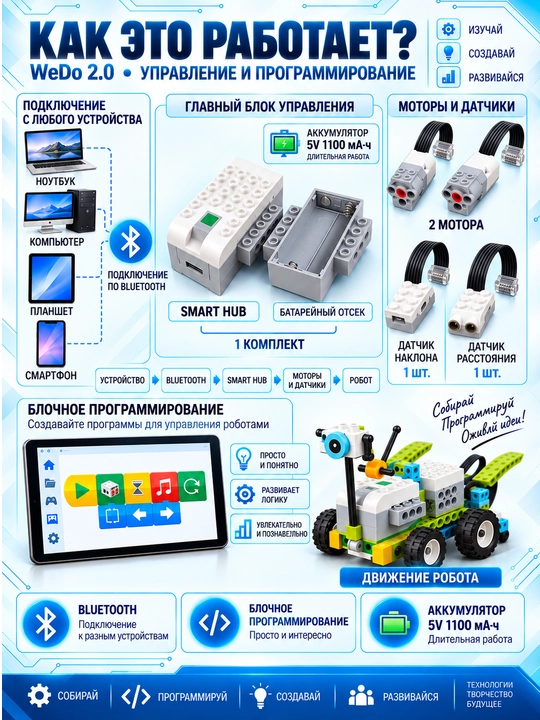 LEGO WeDo 2.0 robototexnika konstruktori, 280+ detal, 2 motor, akkumulyatorli Smart HUB