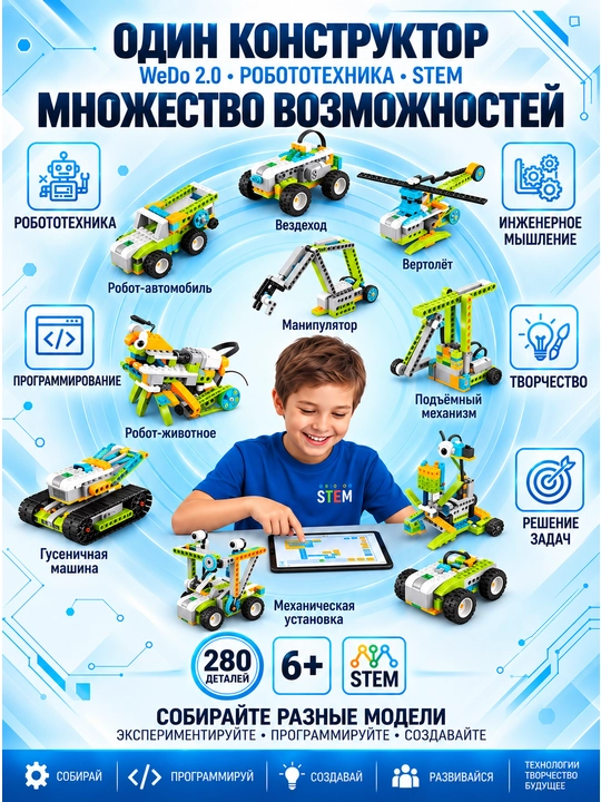 LEGO WeDo 2.0 robototexnika konstruktori, 280+ detal, 2 motor, akkumulyatorli Smart HUB