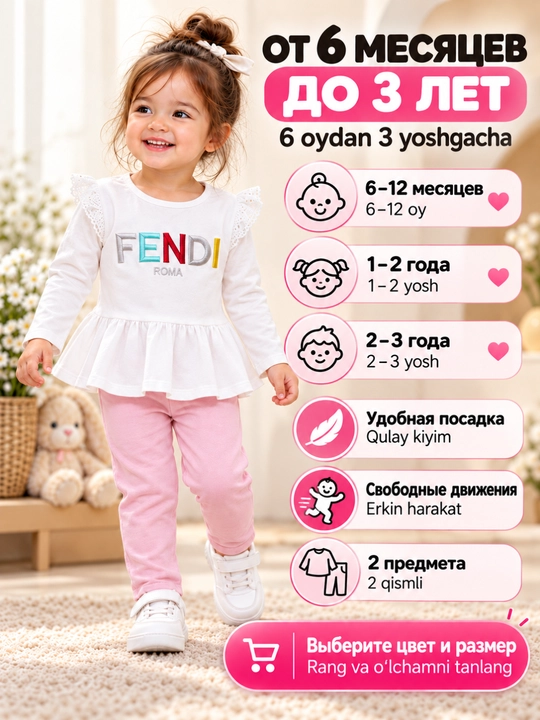 Детский комплект для девочки 2-в-1, кофта с баской + брюки