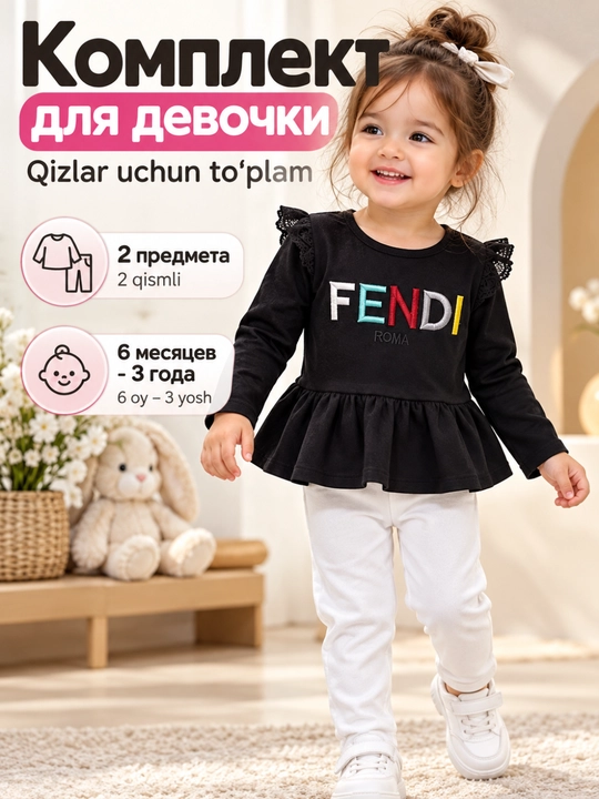 Детский комплект для девочки 2-в-1, кофта с баской + брюки - 