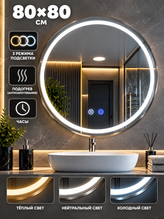 Круглое зеркало с LED-подсветкой для ванной, 3 режима света, подогрев, часы, с рамкой