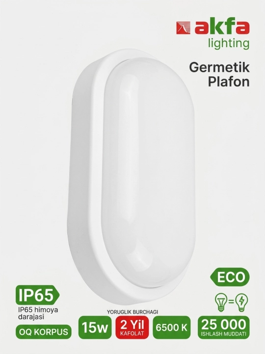 Светодиодный светильник Akfa Lighting Герметичный Плафон 15W IP65, 6500K, Белый - 