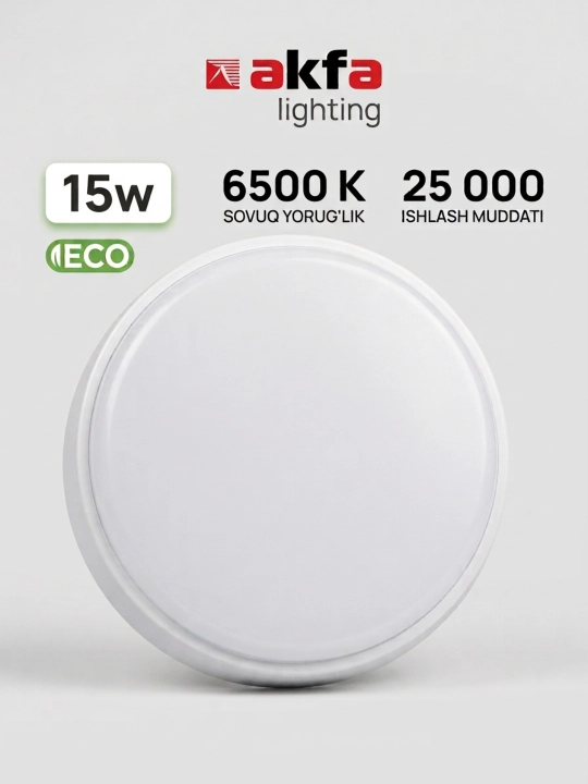 LED Chiroq Akfa Lighting Germetik Plafon 15W IP65, Sovuq Yorug'lik (6500K), Oq Korpus