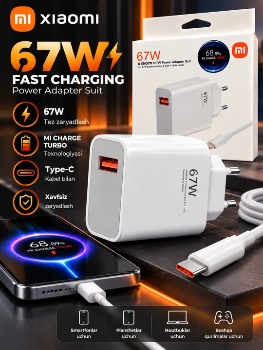 Xiaomi 67W tezkor zaryadlovchi zaryadnik + Type-C kabel - 