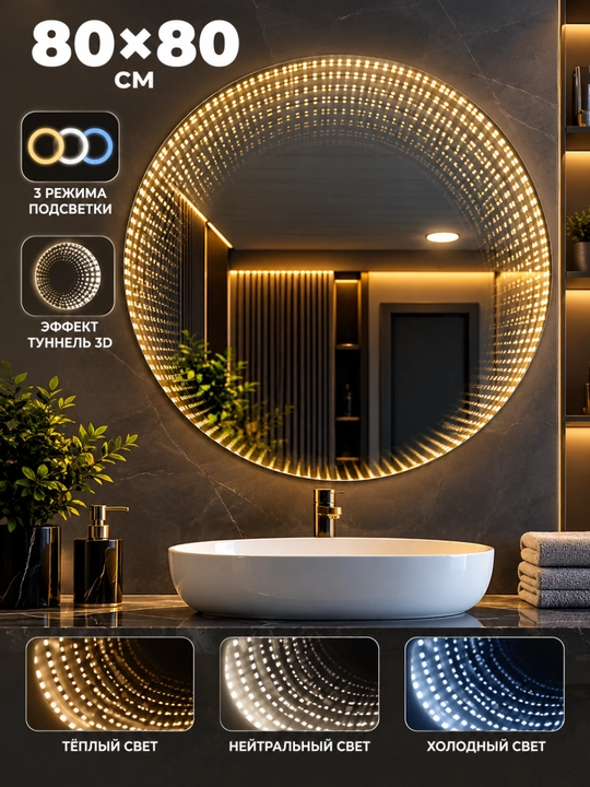 Dumaloq 3D tunnel effektli LED ko‘zgu 80×80 sm, 3 xil yoritish rejimi, ramkasiz - 
