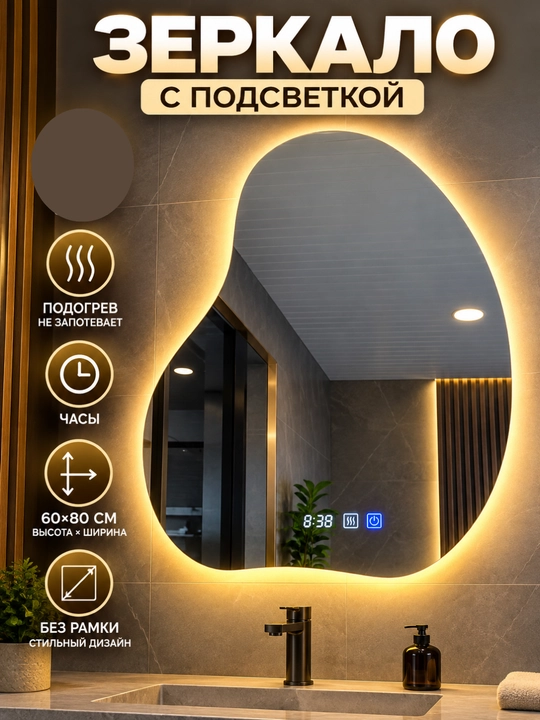 Dizayner LED ko‘zgu, 3 xil yoritish, soat va isitish funksiyasi, ramkasiz