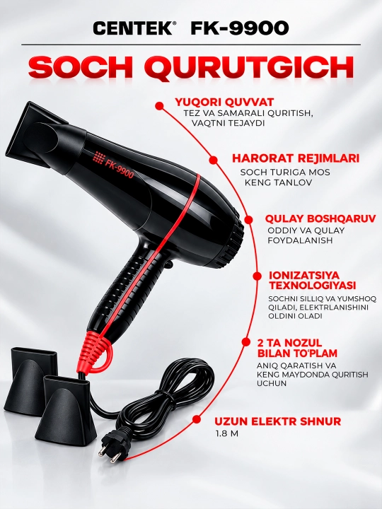 Soch quritish va turmaklash uchun soch qurutgich FaKang ION FK-9900