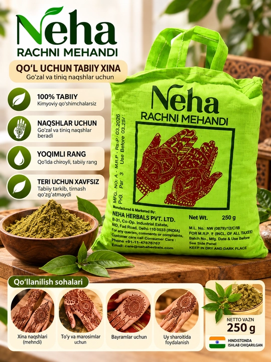 Neha Rachni Mehandi — qo‘l uchun tabiiy xina, 250 g - 