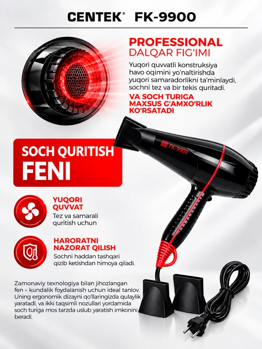 Soch quritish va turmaklash uchun soch qurutgich FaKang ION FK-9900