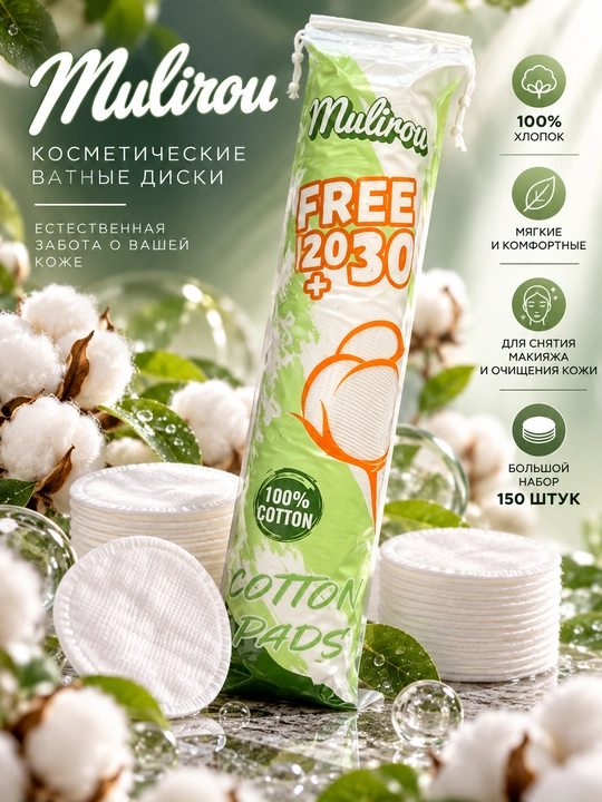 Mulirou косметические ватные диски 100% хлопок, 150 шт - 
