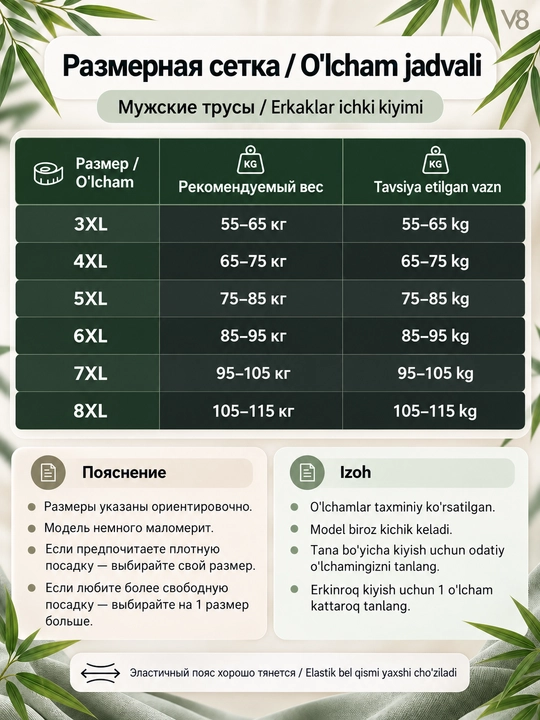 Erkaklar ichki kiyimi, 55 dan 115 kg gacha bo‘lgan erkaklar uchun to‘plam