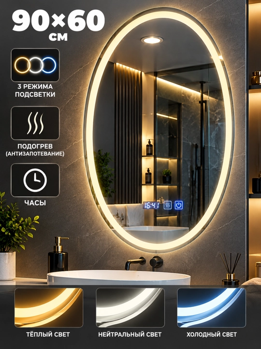 LED yoritgichli ko‘zgu, 3 xil yorug‘lik, soat, isitish anti-fog, sensorli boshqaruv