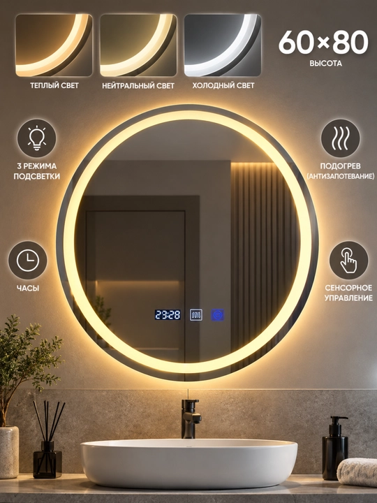 LED yoritgichli ko‘zgu, 3 xil yorug‘lik, soat, isitish anti-fog, sensorli boshqaruv
