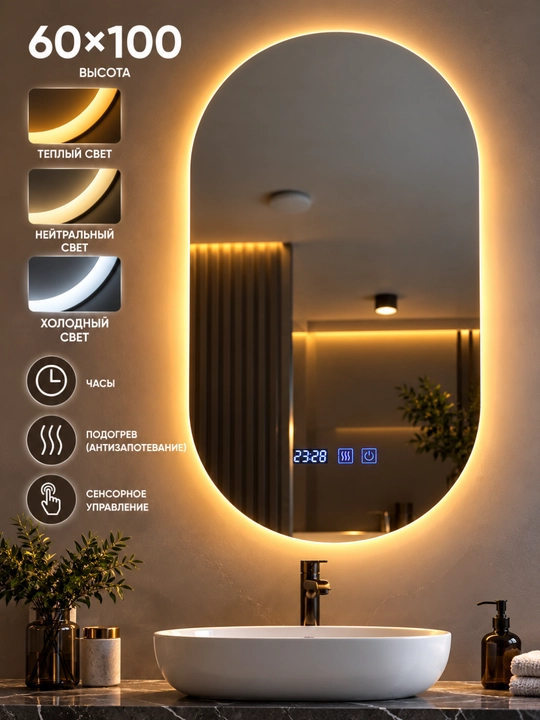 LED yoritgichli ko‘zgu, 3 xil yorug‘lik, soat, isitish anti-fog, sensorli boshqaruv