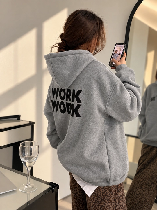 Erkaklar va ayollar uchun WORK WORK yozuvi tushirilgan erkin bichimli kapyushonli katta o‘lchamli unisekss xudi