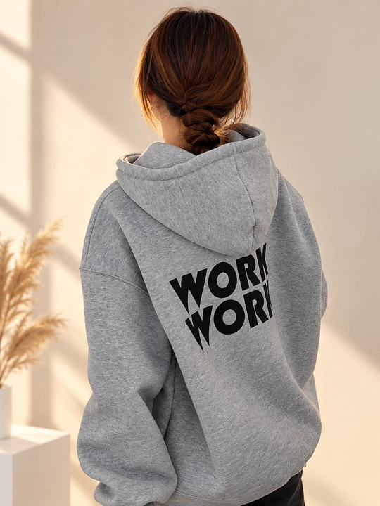 Erkaklar va ayollar uchun WORK WORK yozuvi tushirilgan erkin bichimli kapyushonli katta o‘lchamli unisekss xudi