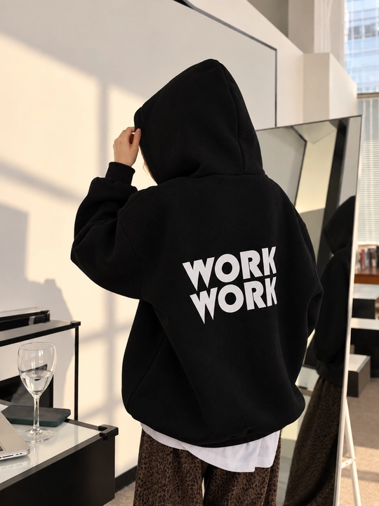 Erkaklar va ayollar uchun WORK WORK yozuvi tushirilgan erkin bichimli kapyushonli katta o‘lchamli unisekss xudi