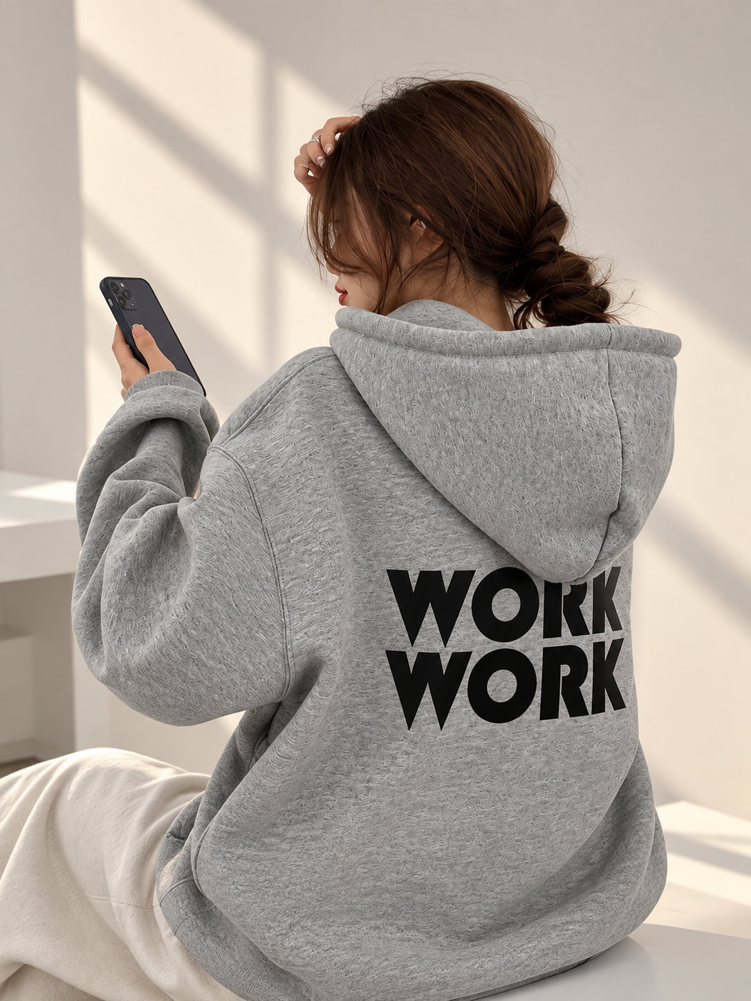 Erkaklar va ayollar uchun WORK WORK yozuvi tushirilgan erkin bichimli kapyushonli katta o‘lchamli unisekss xudi