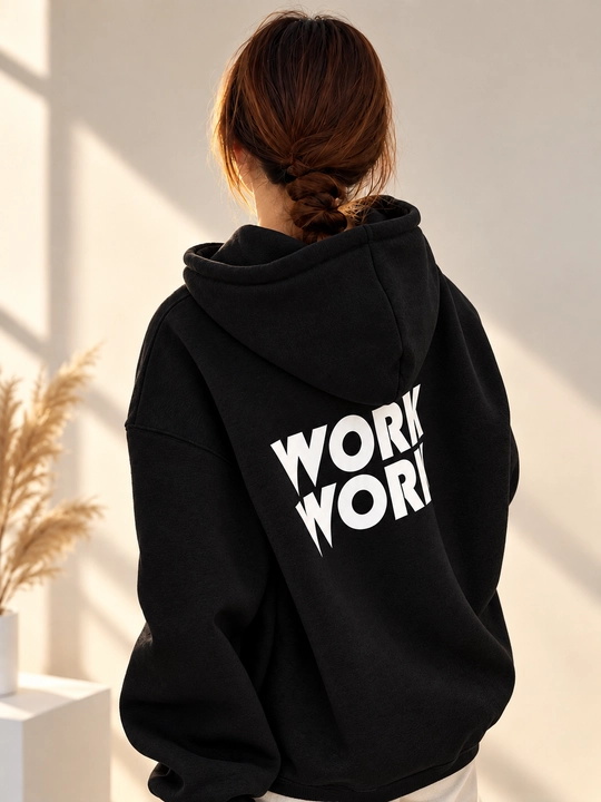 Erkaklar va ayollar uchun WORK WORK yozuvi tushirilgan erkin bichimli kapyushonli katta o‘lchamli unisekss xudi