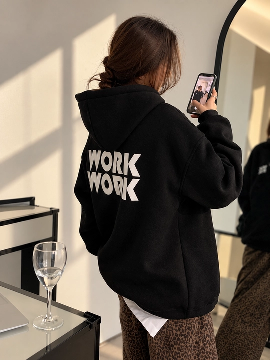 Erkaklar va ayollar uchun WORK WORK yozuvi tushirilgan erkin bichimli kapyushonli katta o‘lchamli unisekss xudi