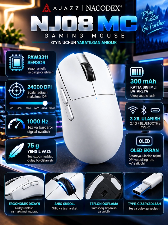 Игровая мышь AJAZZ NJ08 MC, 24000 DPI, 2.4G, Bluetooth, USB, RGB, 300 мАч - 