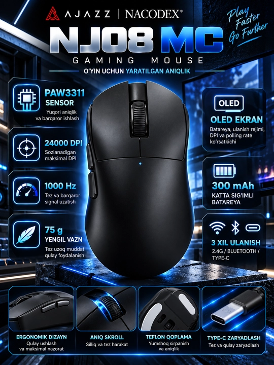 Игровая мышь AJAZZ NJ08 MC, 24000 DPI, 2.4G, Bluetooth, USB, RGB, 300 мАч - 