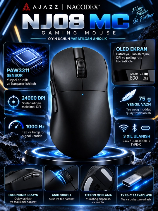 AJAZZ NJ08 MC o‘yin sichqonchasi, 24000 DPI, 2.4G, Bluetooth, USB, RGB, 300 mA/soat